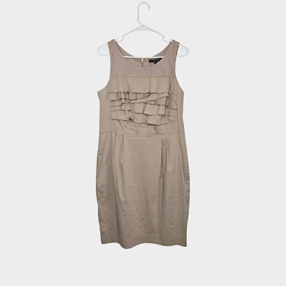 BCBG MAXAZRIA Sleeveless Khaki Sheath Ruffle Tiered Dress size 12 Large Pockets